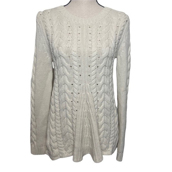 CAbi Ivory Cable Knit Lace Back Sweater Style 3157 - Picture 2 of 8